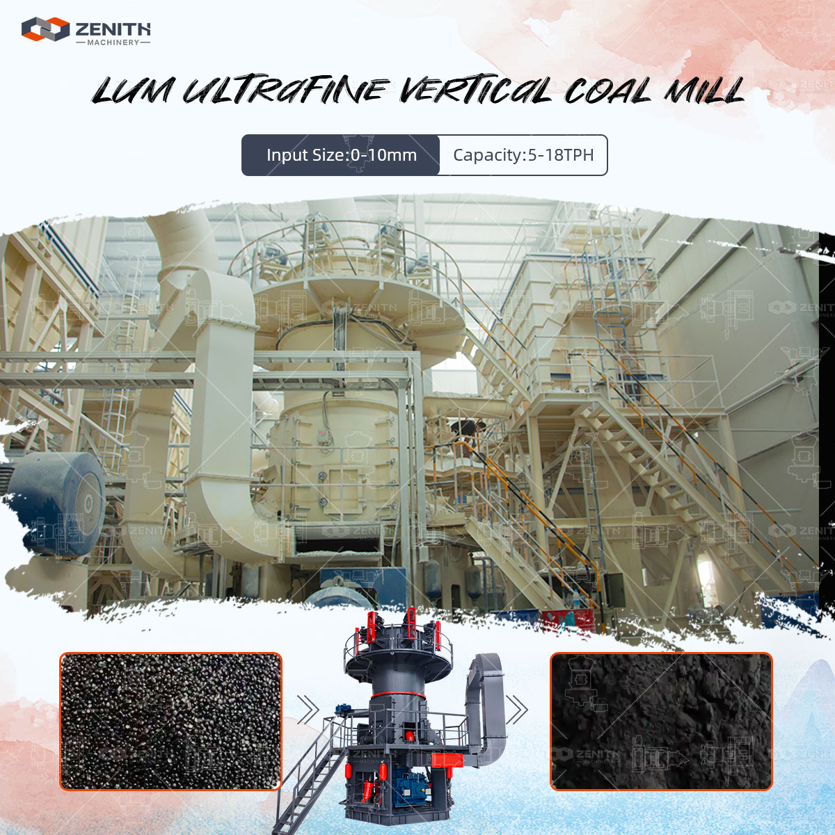 Layout diagram of a complete phosphogypsum powder production line showing crusher, grinding mill, classifier, and dust collection system.